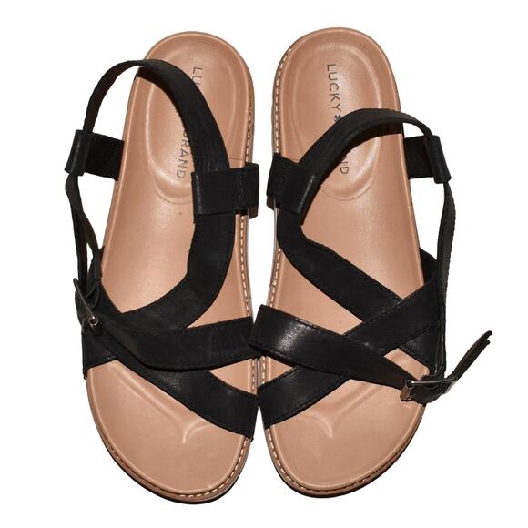 LUCKY BRAND $99‎ Irissy Platform Leather Strap Sandal Black Tan 9.5 M - Picture 1 of 6